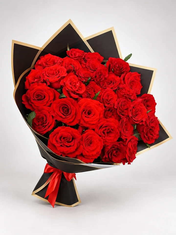 Amour Noir: Classic red roses in striking black-and-gold wrapping with a red ribbon.
