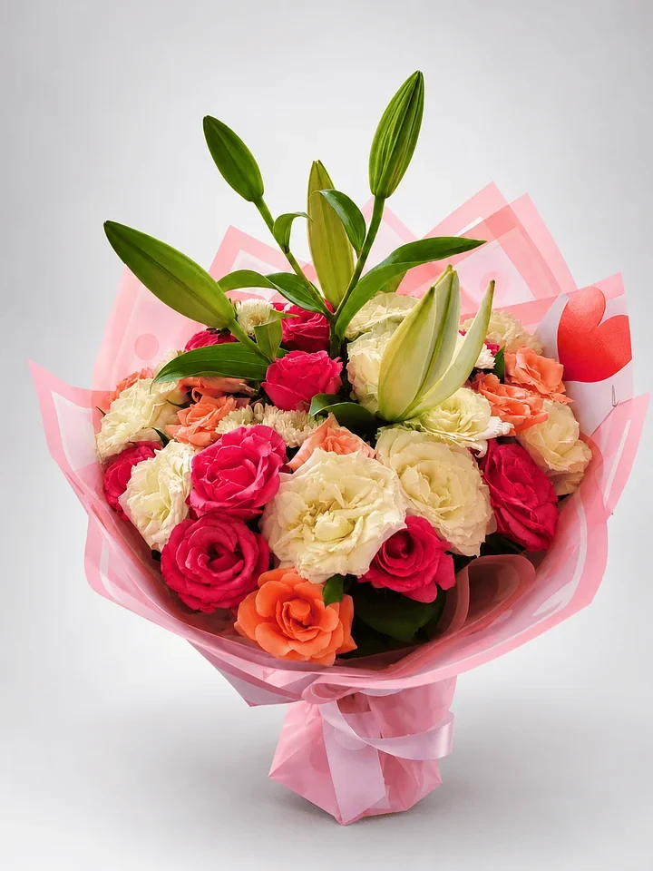 Coral Muse: Coral, pink and ivory roses with lily buds, gathered in bright pink wrapping.