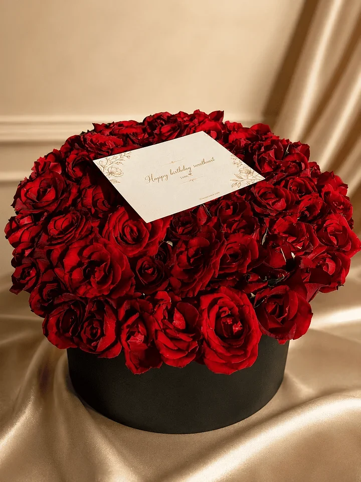 Lovey Box: Deep red roses arranged in a round black box, finished with a personal card.