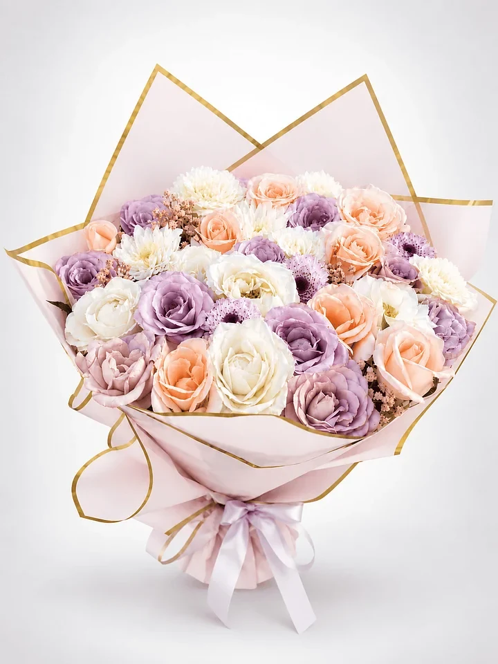 Pastel Harmony: Lavender, peach and ivory roses in blush wrapping with a delicate gold trim.