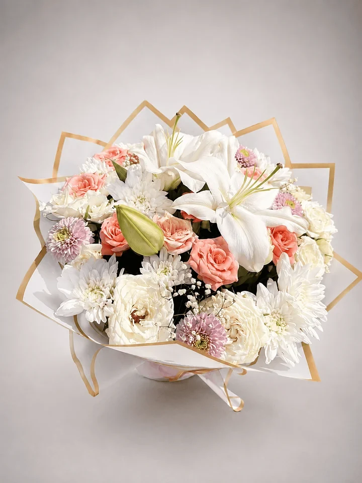Pearl Blossom: White lilies and ivory blooms with peach roses and soft lilac accents.
