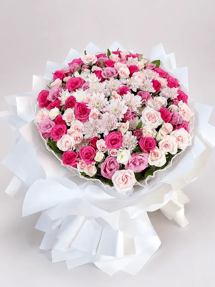 Pink Grandeur: A generous blend of pink and white roses, gathered in airy white wrapping.