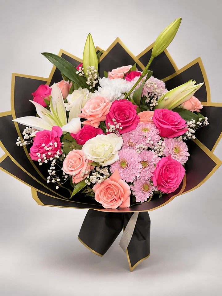Rosa Unica: Pink and ivory roses with lily buds and seasonal flowers in black-and-gold wrapping.