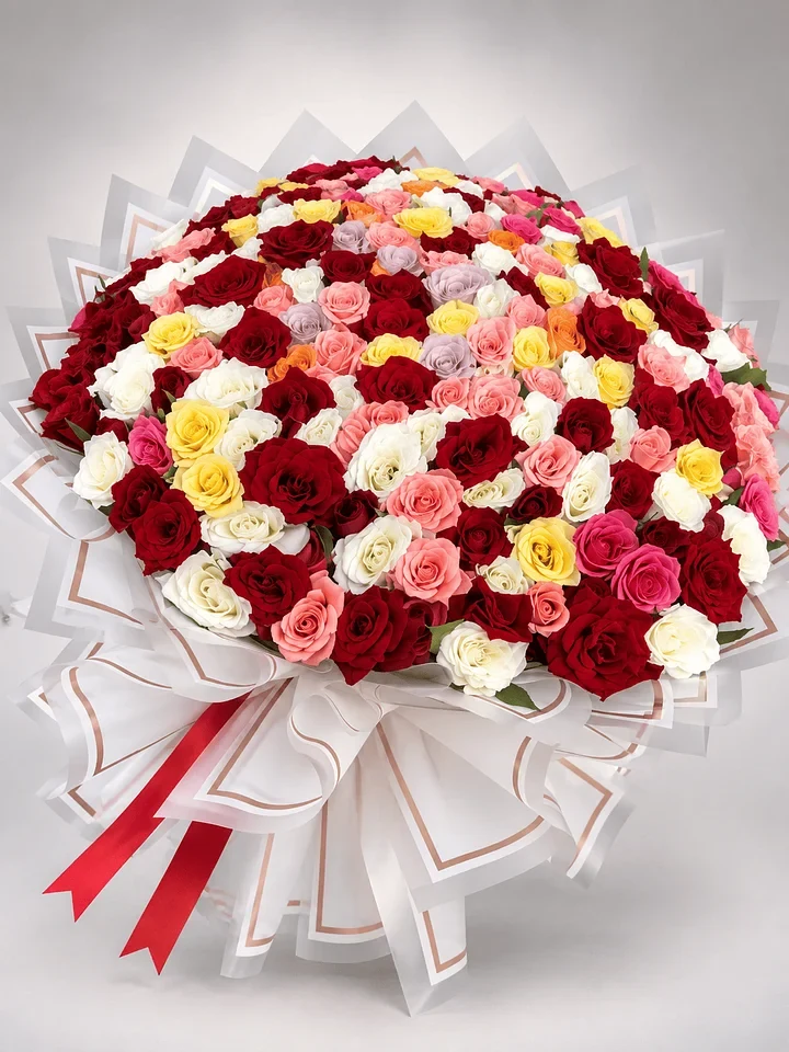 Rose Symphony: A grand arrangement of red, pink, yellow and ivory roses with flowing ribbons.