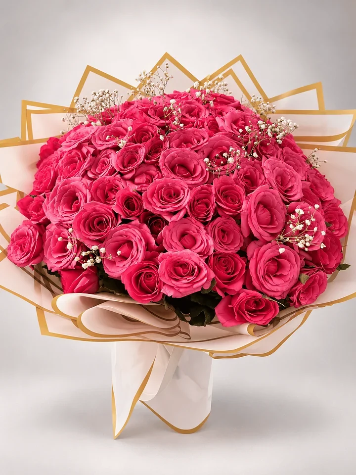Roséa: Vibrant pink roses with delicate white accents in ivory-and-gold wrapping.