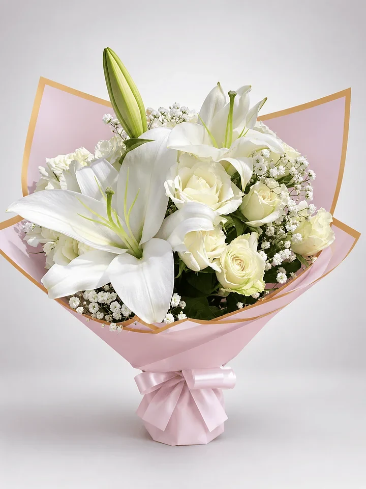 Serenity: White lilies and roses with delicate filler flowers in soft pink wrapping.